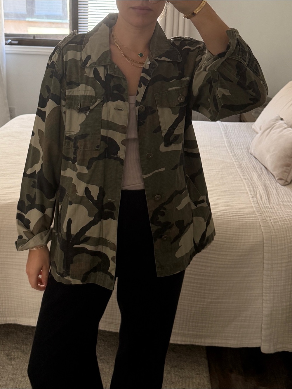 Women’s Camo Army Military-Style Jacket/Surplus Chemise Green Camouflage size S
